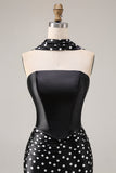 Black White Dots Mermaid Satin Prom Dress with a Neck Scarf