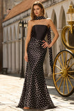 Black White Dots Mermaid Satin Long Prom Dress with a Neck Scarf