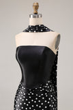 Black White Dots Mermaid Satin Prom Dress with a Neck Scarf