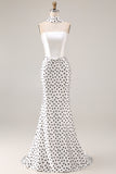 Black White Dots Mermaid Satin Prom Dress with a Neck Scarf