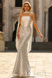 White Black Dots Two-Piece Mermaid Satin Long Prom Dress with a Neck Scarf