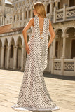 Black White Dots Mermaid Satin Long Prom Dress with a Neck Scarf