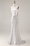 Black White Dots Mermaid Satin Prom Dress with a Neck Scarf