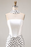 Black White Dots Mermaid Satin Prom Dress with a Neck Scarf