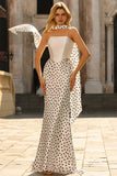 Black White Dots Mermaid Satin Long Prom Dress with a Neck Scarf
