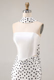 Black White Dots Mermaid Satin Prom Dress with a Neck Scarf