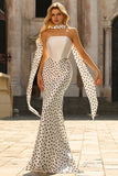 White Black Dots Two-Piece Mermaid Satin Long Prom Dress with a Neck Scarf