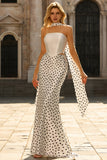White Black Dots Two-Piece Mermaid Satin Long Prom Dress with a Neck Scarf