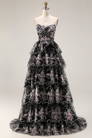 Black Pink Flower A-Line Strapless Tiered Sequin Long Prom Dress with Lace Up Back