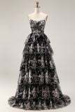 Black Pink Flower A-Line Strapless Tiered Sequin Long Prom Dress with Lace Up Back