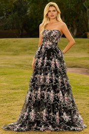 Black Pink Flower Strapless Tiered A-Line Sequin Long Prom Dress with Lace Up Back
