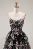 Black Pink Flower A-Line Strapless Tiered Sequin Long Prom Dress with Lace Up Back