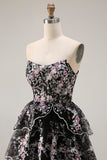 Black Pink Flower A-Line Strapless Tiered Sequin Long Prom Dress with Lace Up Back