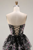 Black Pink Flower A-Line Strapless Tiered Sequin Long Prom Dress with Lace Up Back