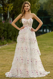 Strapless A-Line White Pink Flower Tiered Sequin Long Prom Dress with Lace Up Back