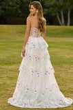 Strapless A-Line White Pink Flower Tiered Sequin Long Prom Dress with Lace Up Back