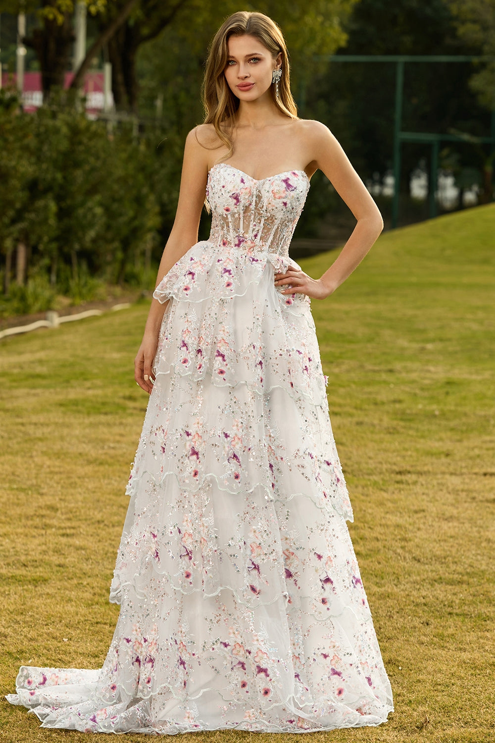 white prom dress with pink flowers A Line Long Sleeves Short White Floral Prom Dresses Homecoming Dresses PD346 US16 / White