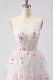 Black Pink Flower A-Line Strapless Tiered Sequin Long Prom Dress with Lace Up Back