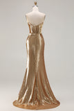 Sparkly Golden Strapless Mermaid Sequin Long Prom Dress with Slit