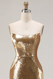 Sparkly Golden Strapless Mermaid Sequin Long Prom Dress with Slit