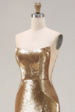 Sparkly Golden Strapless Mermaid Sequin Long Prom Dress with Slit