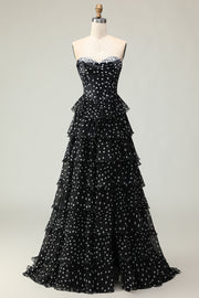 Black and White A Line Strapless Corset Tiered Long Polka Dots Prom Dress with Ruffles