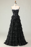 Black and White A Line Strapless Corset Tiered Long Polka Dots Prom Dress with Ruffles