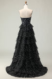 Black and White A Line Strapless Corset Tiered Long Polka Dots Prom Dress with Ruffles