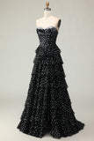 Black and White A Line Strapless Corset Tiered Long Polka Dots Prom Dress with Ruffles