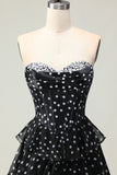 Black and White A Line Strapless Corset Tiered Long Polka Dots Prom Dress with Ruffles