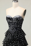 Black and White A Line Strapless Corset Tiered Long Polka Dots Prom Dress with Ruffles
