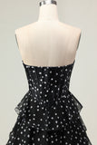 Black and White A Line Strapless Corset Tiered Long Polka Dots Prom Dress with Ruffles