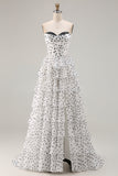 White A Line Strapless Polka Dots Tiered Ruffle Corset Long Prom Dress with Slit