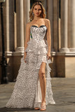 Black and White A Line Strapless Corset Tiered Long Polka Dots Prom Dress with Ruffles