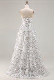 White A Line Strapless Polka Dots Tiered Ruffle Corset Long Prom Dress with Slit