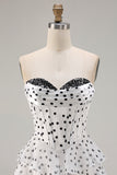 White A Line Strapless Polka Dots Tiered Ruffle Corset Long Prom Dress with Slit