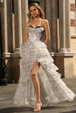Black and White A Line Strapless Corset Tiered Long Polka Dots Prom Dress with Ruffles