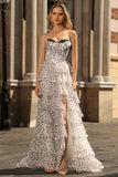 Black and White A Line Strapless Corset Tiered Long Polka Dots Prom Dress with Ruffles