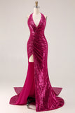 Sparkly Fuchsia Mermaid Halter Sequin Backless Long Prom Dress with Slit