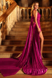 Sparkly Fuchsia Mermaid Halter Sequin Long Prom Dress with Slit