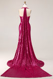 Sparkly Fuchsia Mermaid Halter Sequin Backless Long Prom Dress with Slit