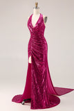 Sparkly Fuchsia Mermaid Halter Sequin Backless Long Prom Dress with Slit