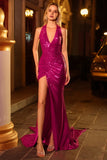 Sparkly Fuchsia Mermaid Halter Sequin Long Prom Dress with Slit