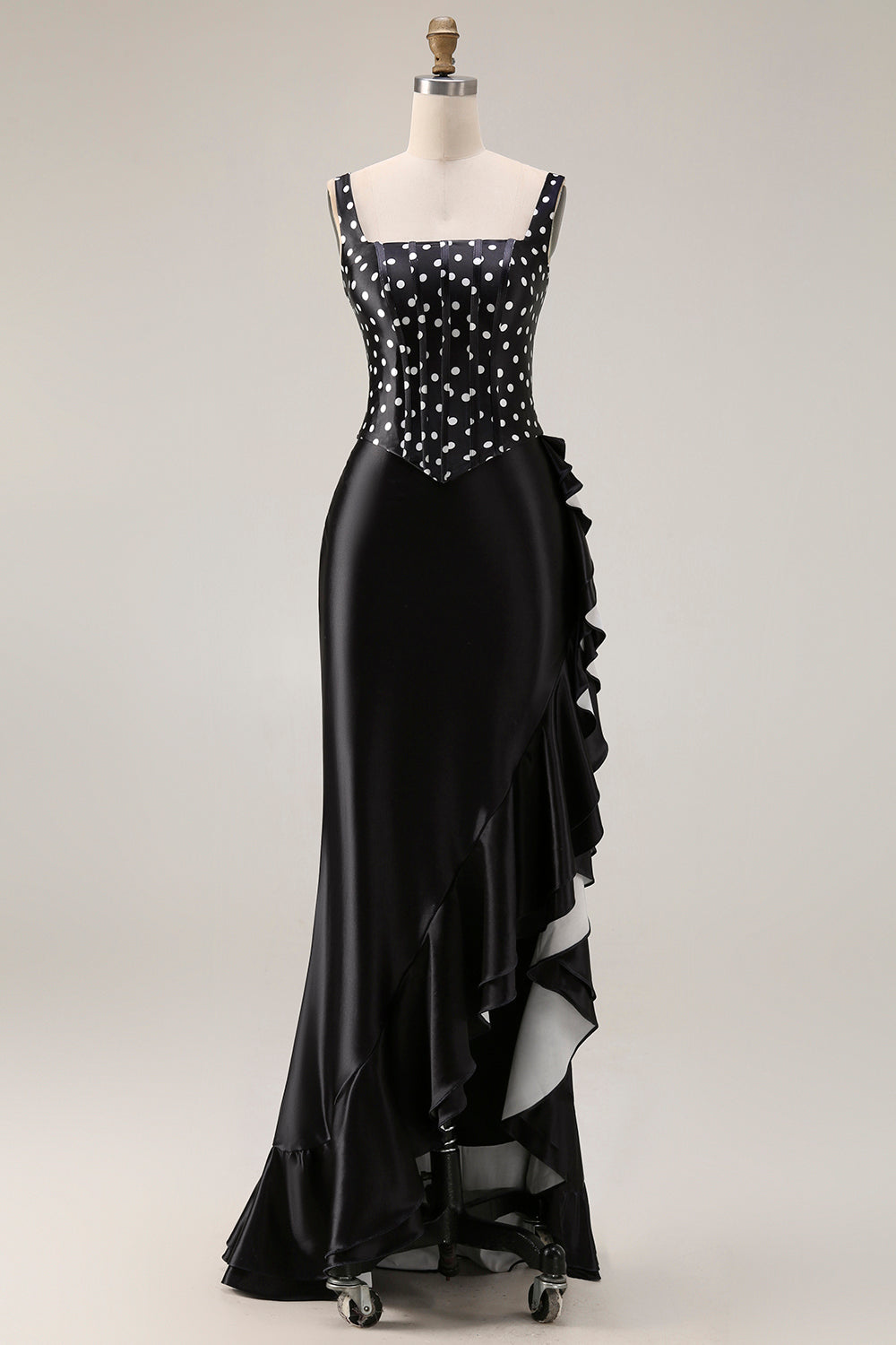 ZAPAKA Women Black White Dot Long Prom Dress with Ruffle Slit 2-Piece Mermaid Square Neck Corset Satin Formal Dress, Black White Dot / US16 ZAPAKA Women Black White Dot Long Prom Dress with Ruffle Slit 2-Piece Mermaid Square Neck Corset Satin Formal Dress, Black White Dot / US16