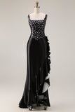 White Black Dots Two-Piece Mermaid Square Neck Satin Long Prom Dress with Ruffle Slit