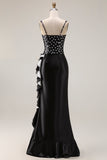 White Black Dots Two-Piece Mermaid Square Neck Satin Long Prom Dress with Ruffle Slit