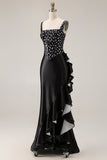 White Black Dots Two-Piece Mermaid Square Neck Satin Long Prom Dress with Ruffle Slit