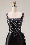 White Black Dots Two-Piece Mermaid Square Neck Satin Long Prom Dress with Ruffle Slit