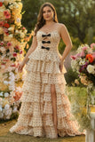 Apricot Black Dot Strapless A Line Tiered Cut Out Long Plus Size Prom Dress with Slit