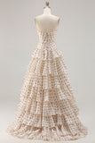Strapless Apricot Black Dot A Line Tiered Ruffle Cut Out Long Prom Dress with Slit